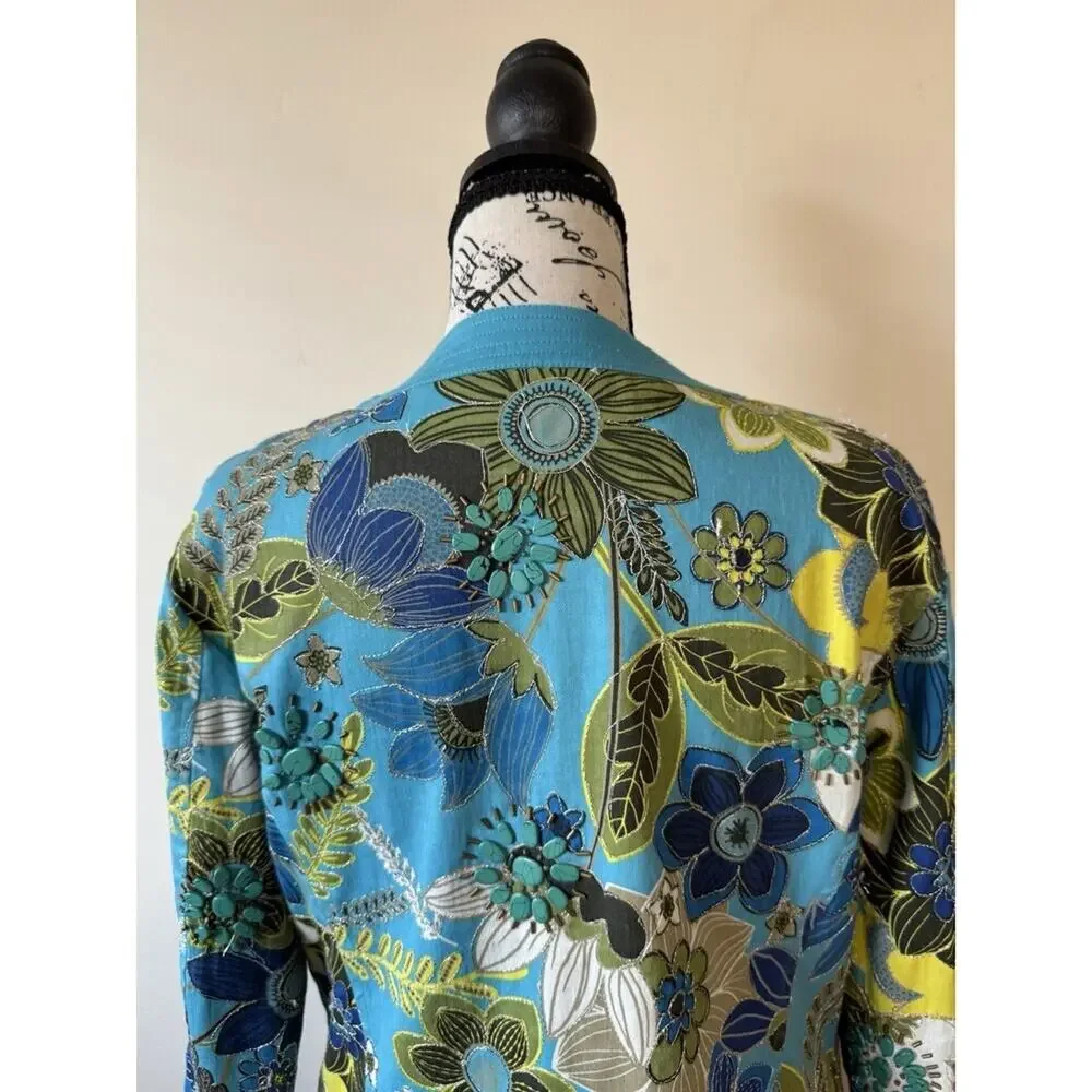 Chico's Blue Floral Open Front Lightweight Jacket Women's Size 0 (US Small)